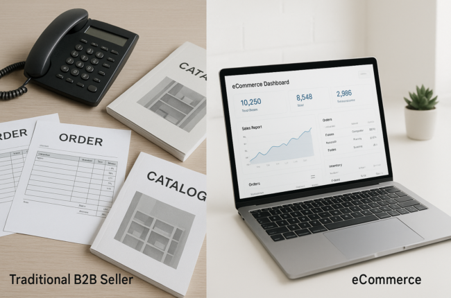 Concept of B2B seller transitioning from offline business landscape to digital online growth using technology pathway