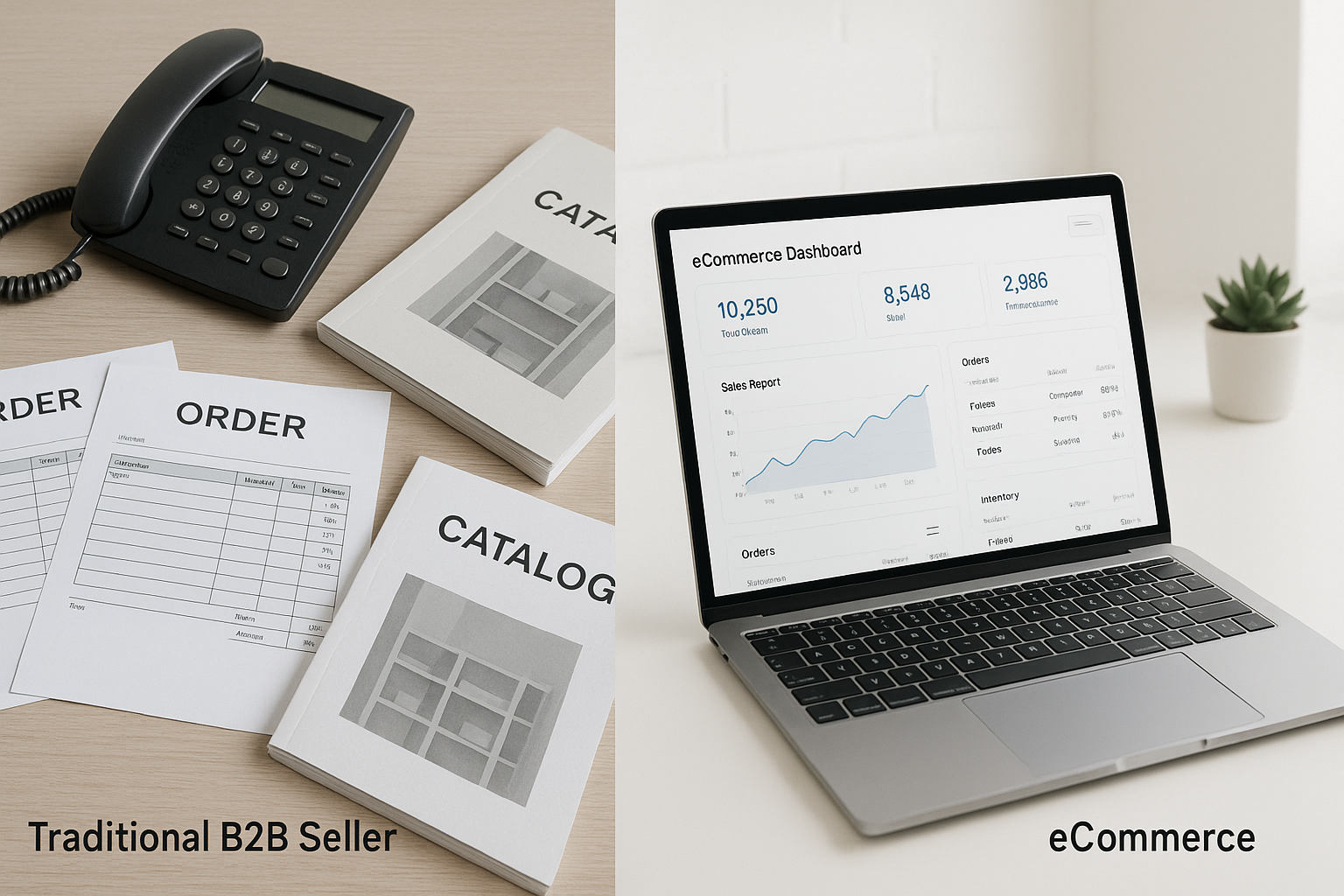 Concept of B2B seller transitioning from offline business landscape to digital online growth using technology pathway
