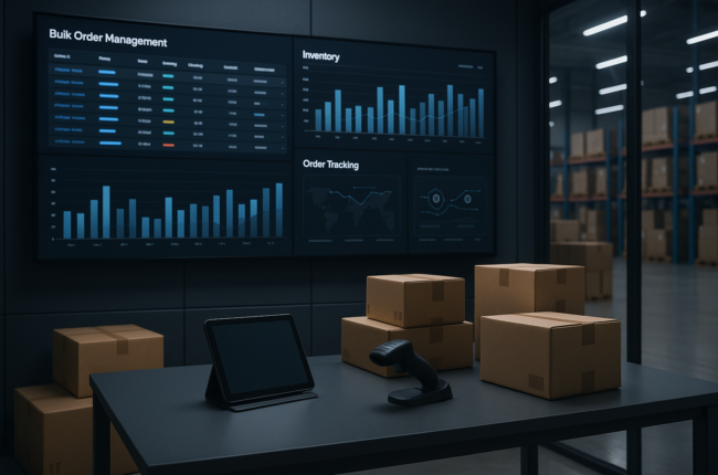 Digital control center managing wholesale bulk orders with inventory dashboards and shipping tools