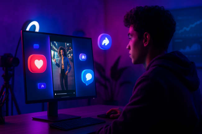 Bright studio with creator editing AI short form videos and floating social icons