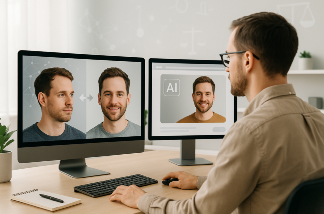 Male marketer reviewing AI face swapping visuals in a bright workspace