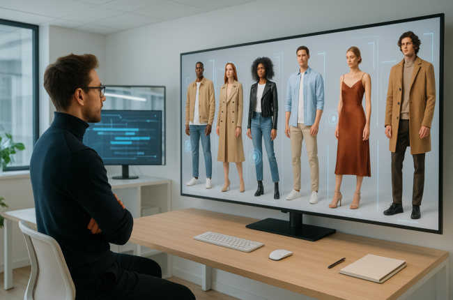 Male creative director viewing AI fashion models on screen in modern studio
