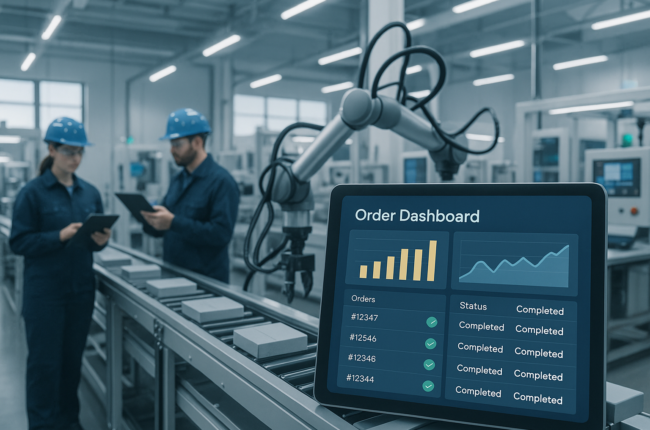 Factory workers using digital dashboard to manage bulk manufacturing orders in a modern smart factory setting