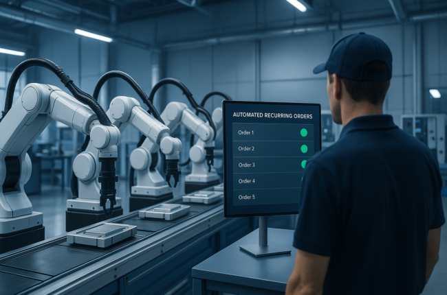 Automated production line with digital screen showing recurring bulk order scheduling in a modern factory