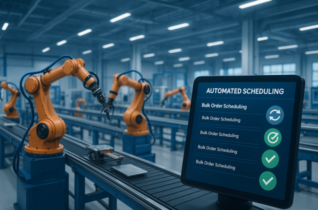 Factory digital screen displaying automated scheduling of repeated bulk manufacturing orders
