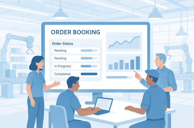 Manufacturing team using digital order booking software with real time analytics on screens
