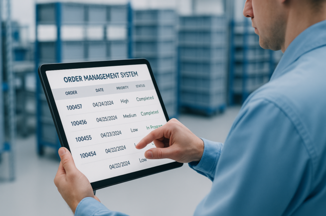 Worker using manufacturing software to improve accuracy in bulk order handling