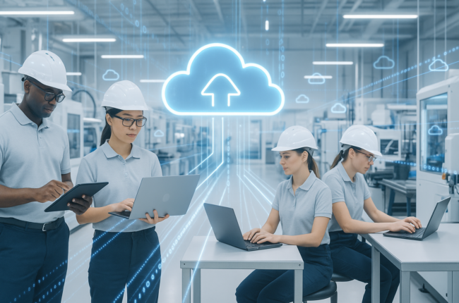 Factory workers using cloud-based order management systems in a connected manufacturing environment