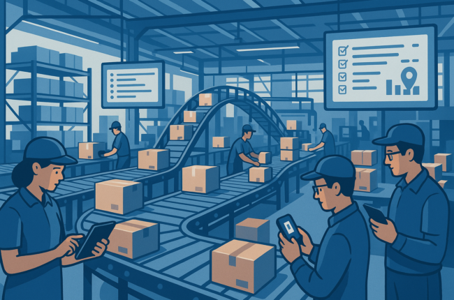Manufacturing team managing high volume orders with real-time digital tracking tools