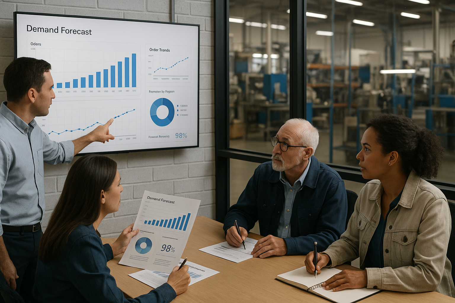 Manufacturing team using software to forecast demand accurately