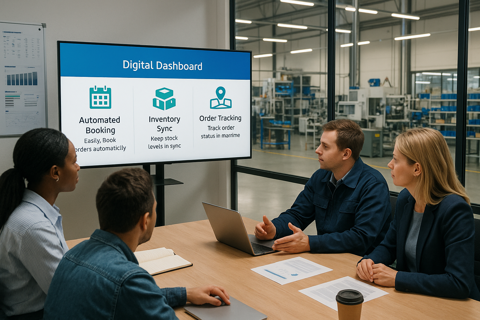 Factory team reviewing top features of booking software