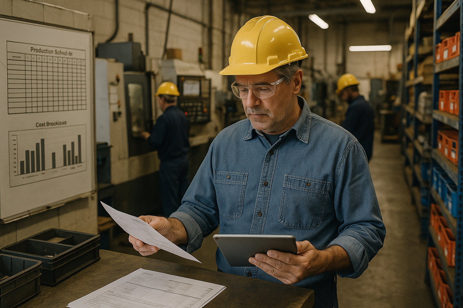Factory supervisor using tablet near machines with visible order sheets