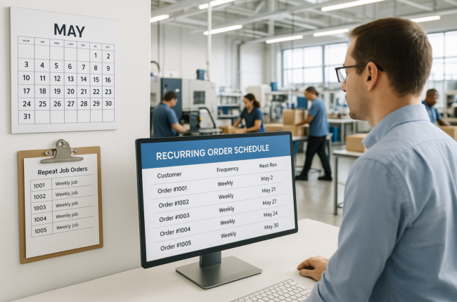 Planner reviewing recurring order dashboard in clean factory setup