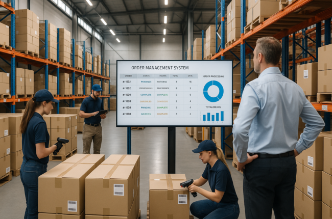 Warehouse team managing scalable bulk orders with digital tools