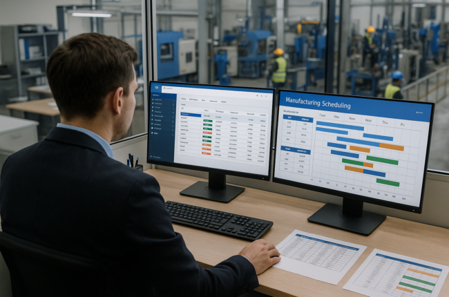 Manager integrating ERP with booking tools at dual-screen workstation