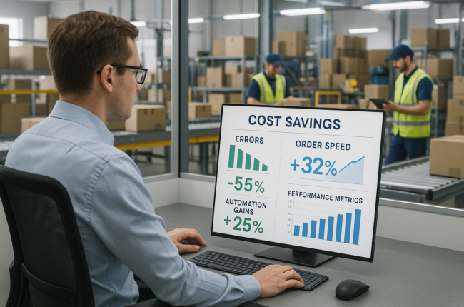 Manager reviewing cost-saving metrics from automated order system