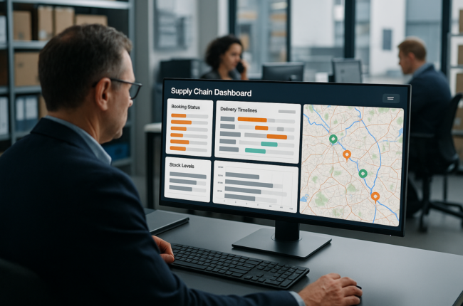 Manager using booking software to track supply chain orders