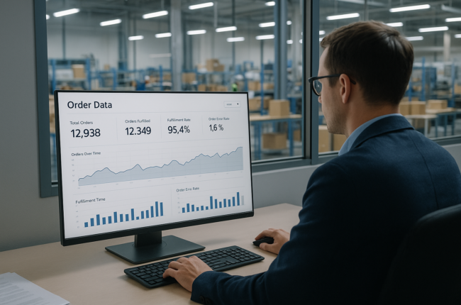 Analyst reviewing order data and trends on dashboard in factory office