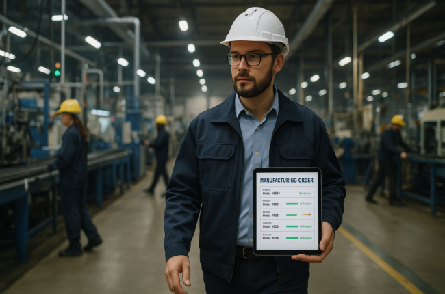 Factory manager checking manufacturing orders on mobile device