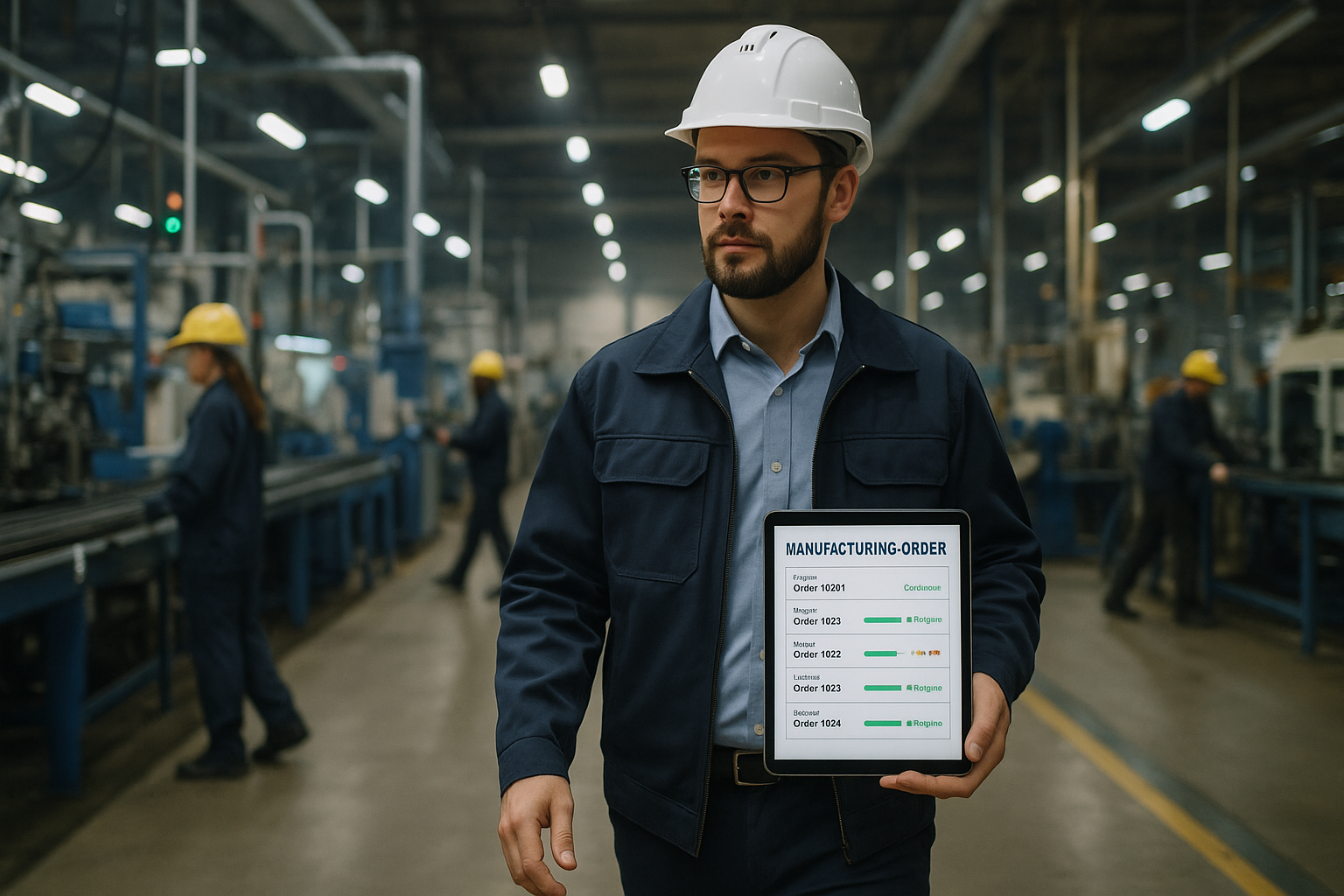 Factory manager checking manufacturing orders on mobile device