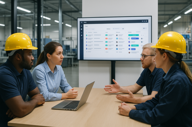 Team collaborating over shared dashboard in a factory