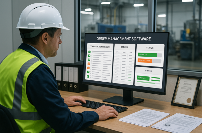 Supervisor checking compliance in order management dashboard