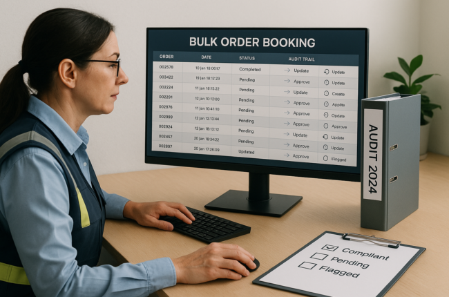 Compliance officer reviewing audit-ready bulk order dashboard