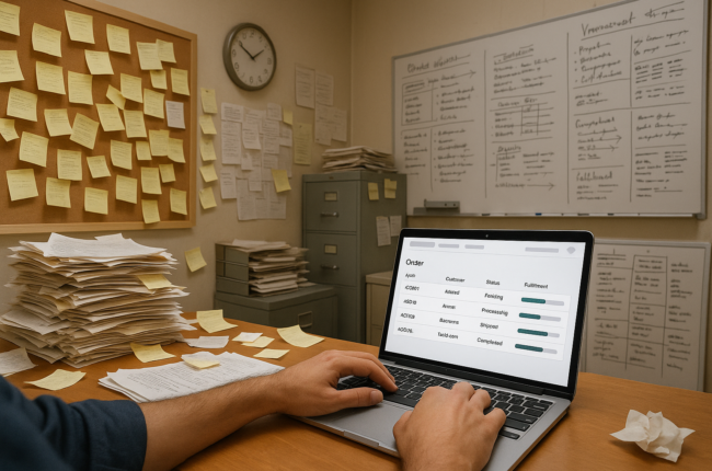 Messy order desk transformed by digital order management system
