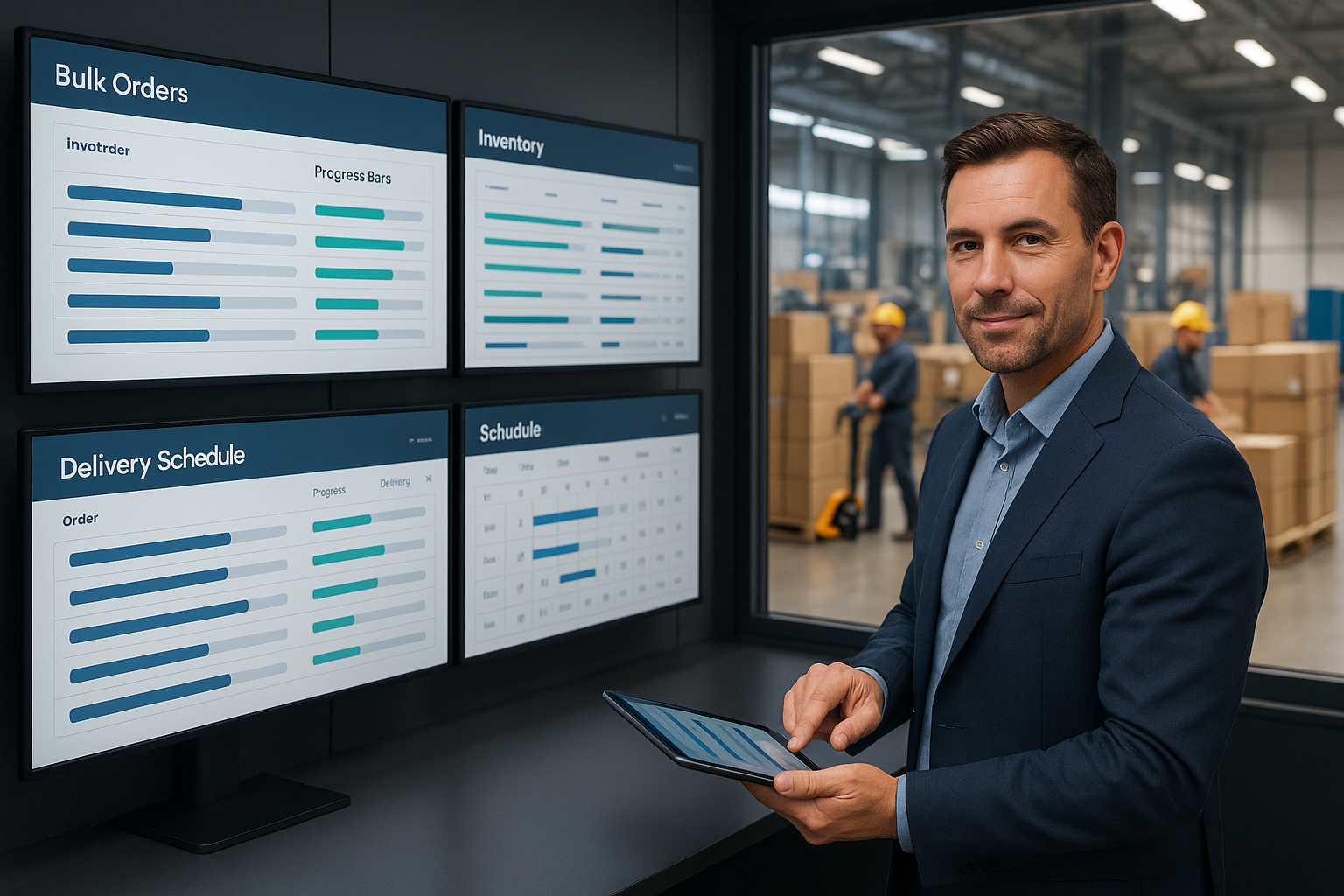 Operations manager controlling bulk orders on digital dashboards