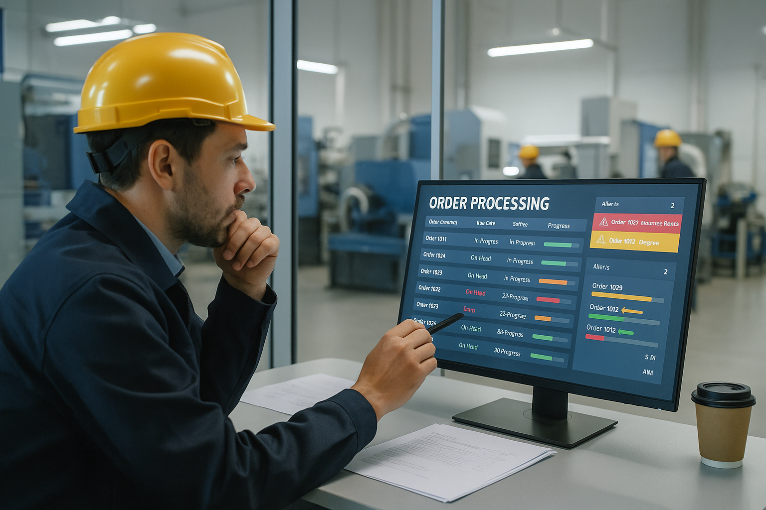 Factory supervisor addressing order processing issues digitally