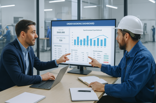 Sales and production managers collaborating over order booking dashboard