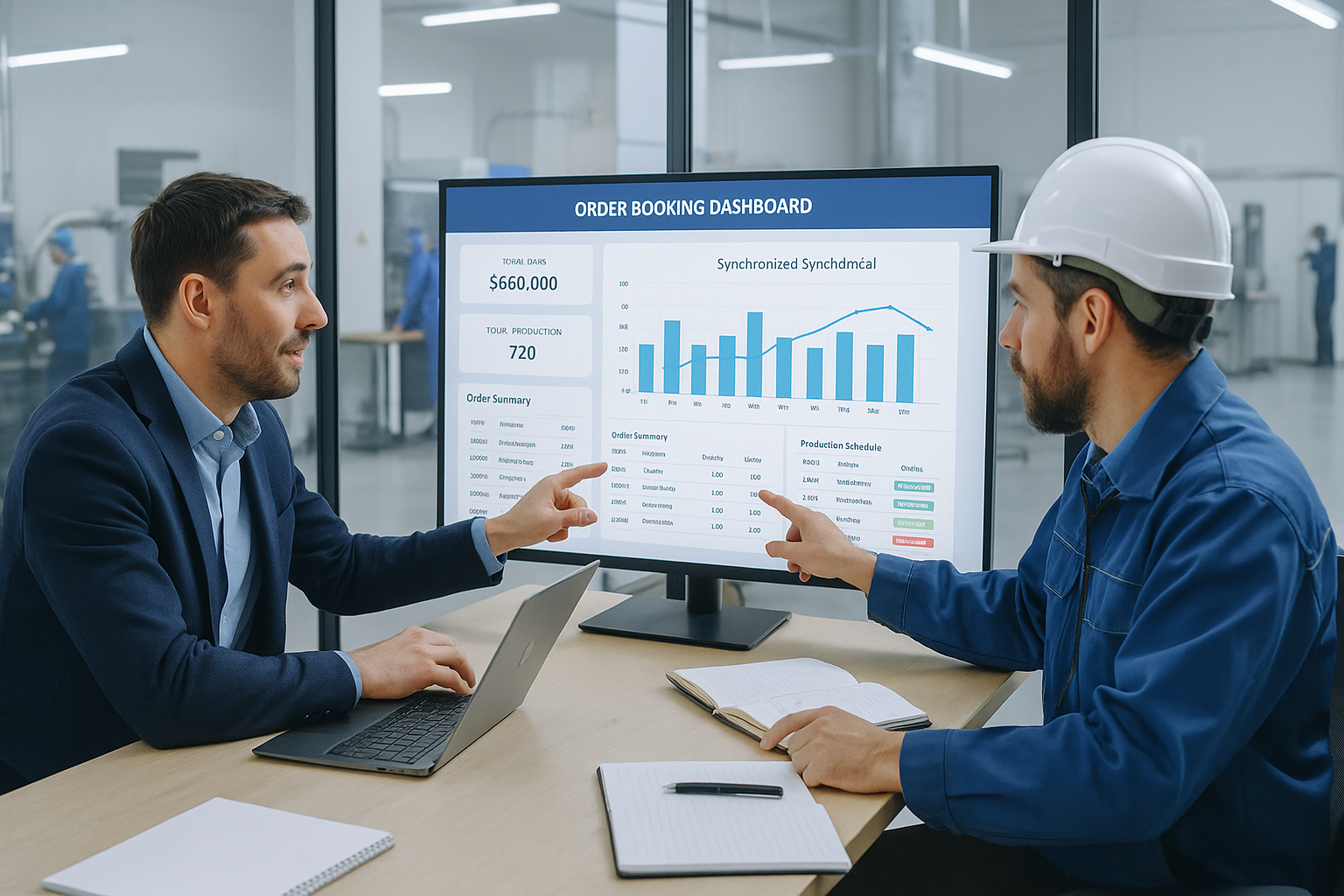 Sales and production managers collaborating over order booking dashboard